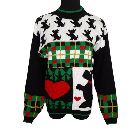 Vintage 80s Scottie Dog Christmas Sweater Tartan Plaid Black Retro Grandmacore - Picture 2 of 11